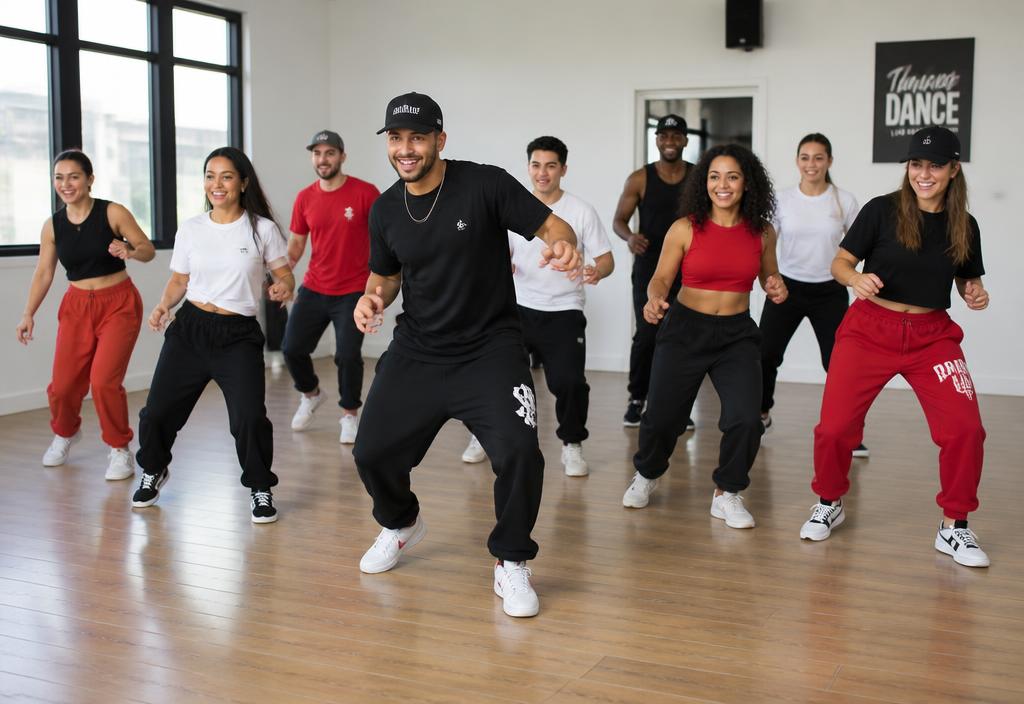 An instructor leading a beginner dance class in a bright studio