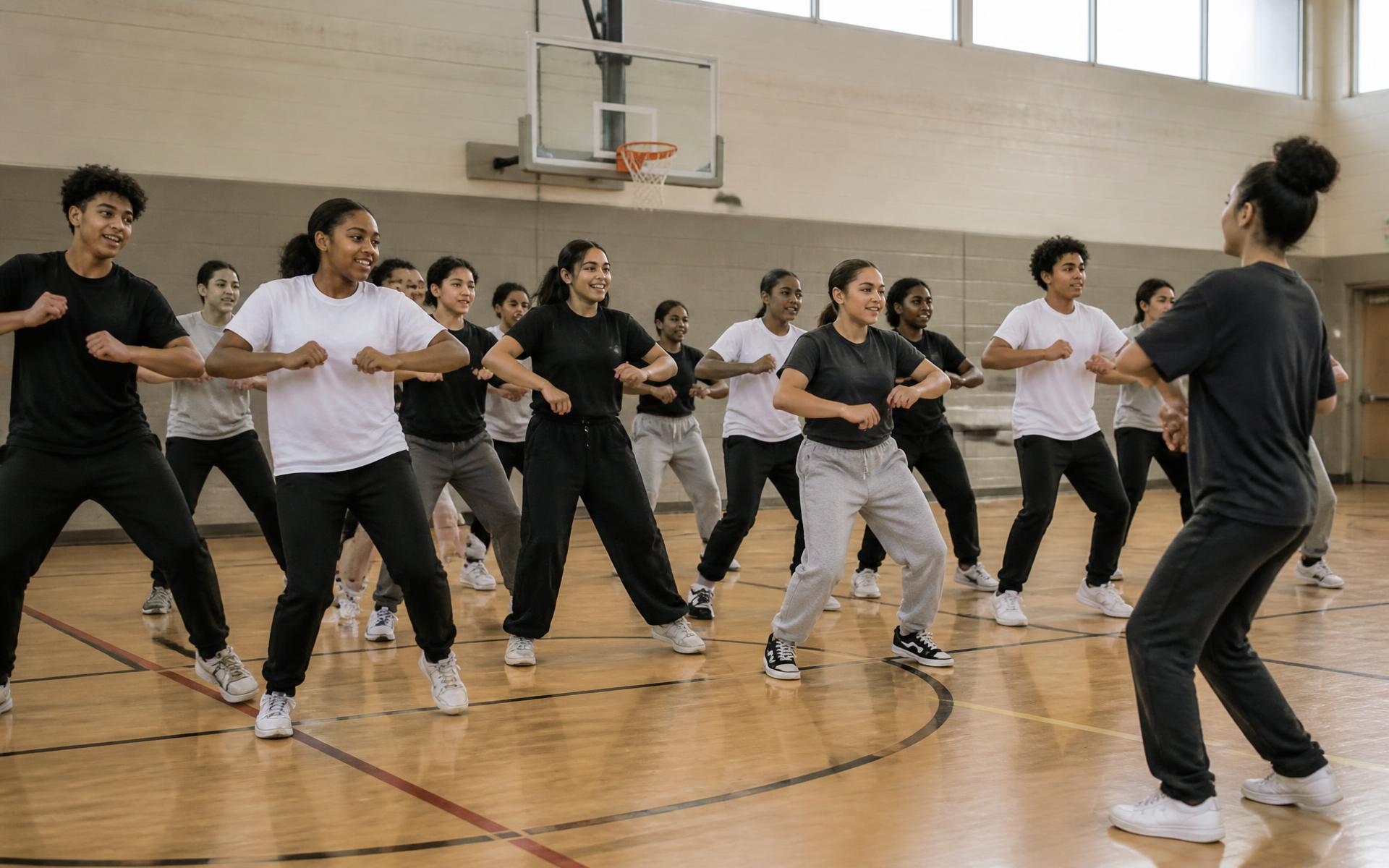 Teens dancing together in a school gym while an instructor leads